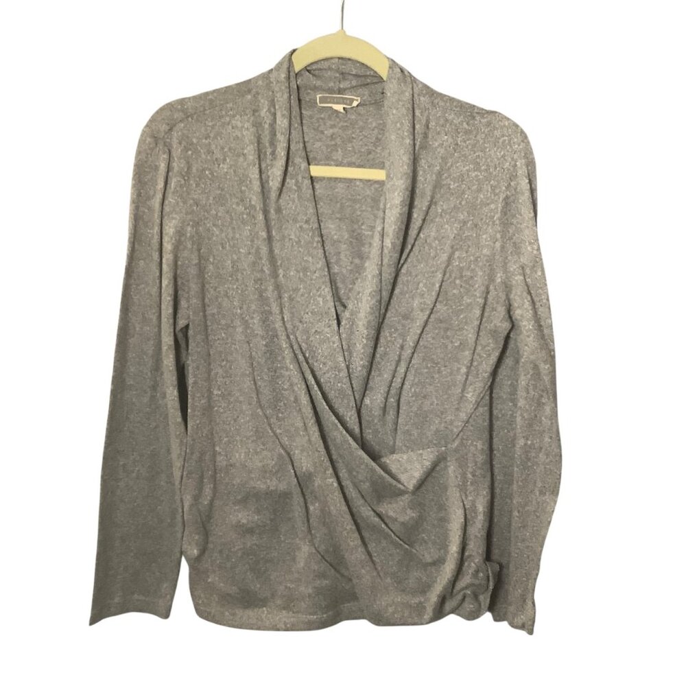 Pleione Gray Long Sleeve Draped Front Lightweight Sweater Size L Surplice Neck
